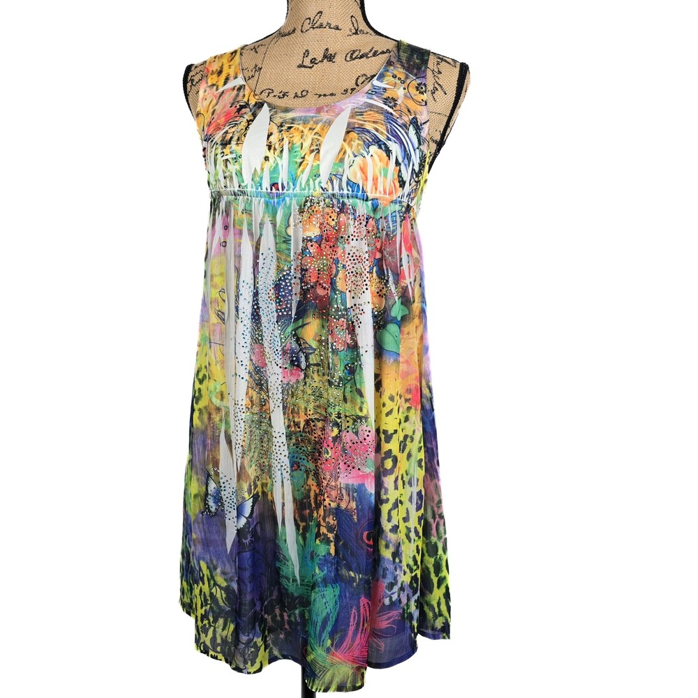 S-Twelve Womens MultiColor Animal Peacock Print Lace Back Rhinestone Dress S